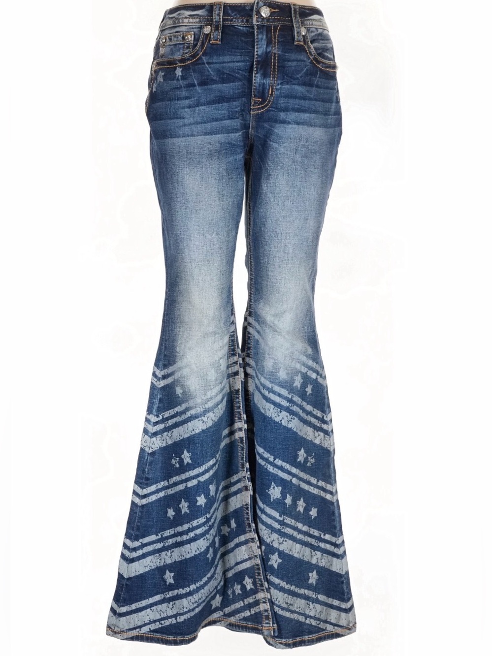Miss Me Blue Washed Flare Jeans with Star Stripe Print
